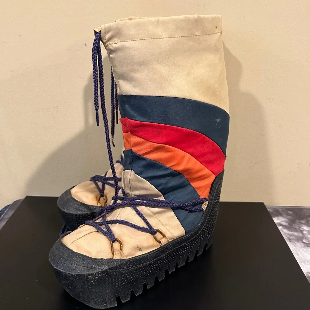 Vintage Moon Boots Retro Chevron Stripe Nylon Platform Snow Boots Women 5-6 XS